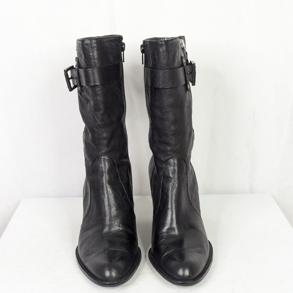 Stuart Weitzman Black Leather Heeled Midcalf Moto Boots - Picture 4 of 9